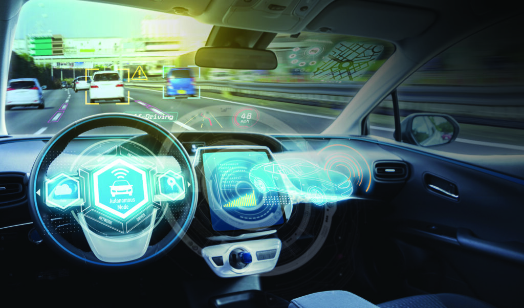 Empty cockpit of autonomous car, HUD(Head Up Display) and digital speedometer. self-driving vehicle.