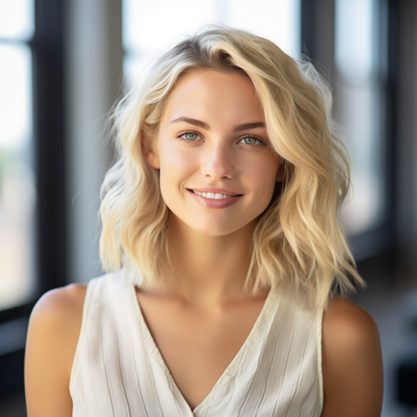 a corporate headshot of a beautiful young woman in her 20s, blonde hair, bright, sunny, smiling, happy, stock photo, 35mm - Image #2