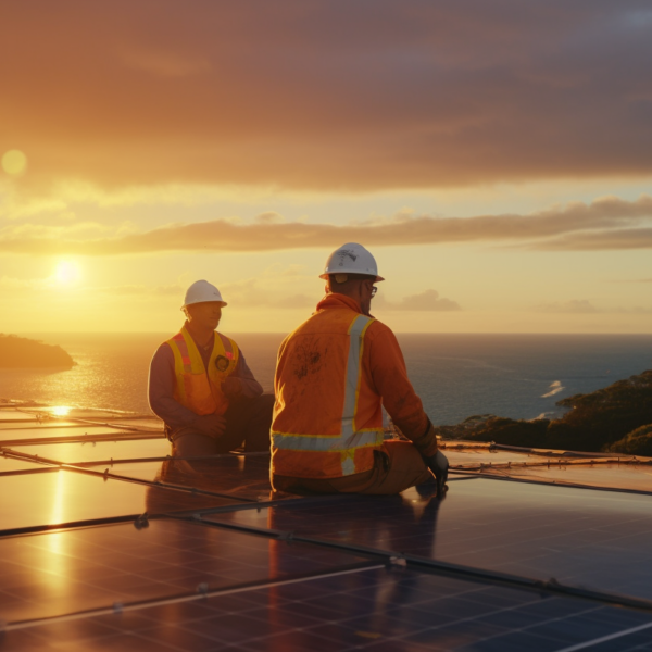 a few happy workers on a rooftop commerical solar installation, epic sunrise with clouds, the ocean visible in the background, photorealistic, 70 mm film, --ar 16-9
