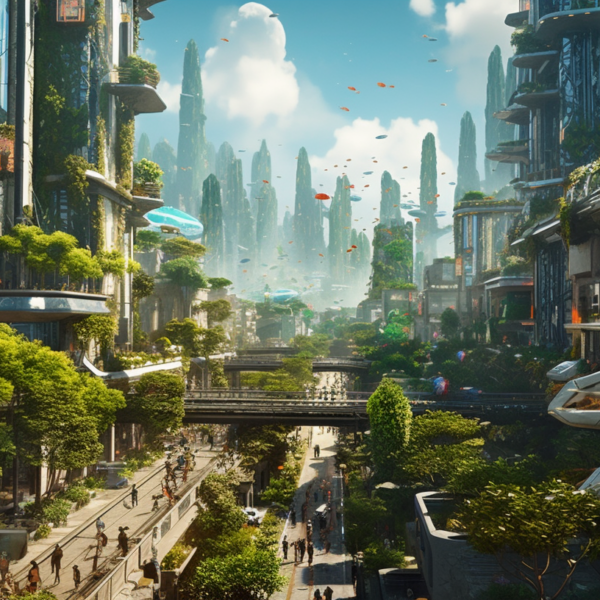 a futuristic city scape with lots of trees and plants, clearly visible solar arrays and collection devices, including battery storage, futuristic, sci-fi, positive, colorful, --ar 16-9