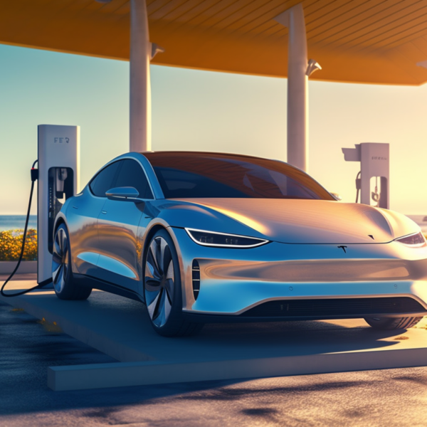 an electric car is charging at a charging station on a sunny day, photorealistic, stock photo, 70mm, sunlit, solar panels visible, the ocean is visible in the distance, --ar 16-9