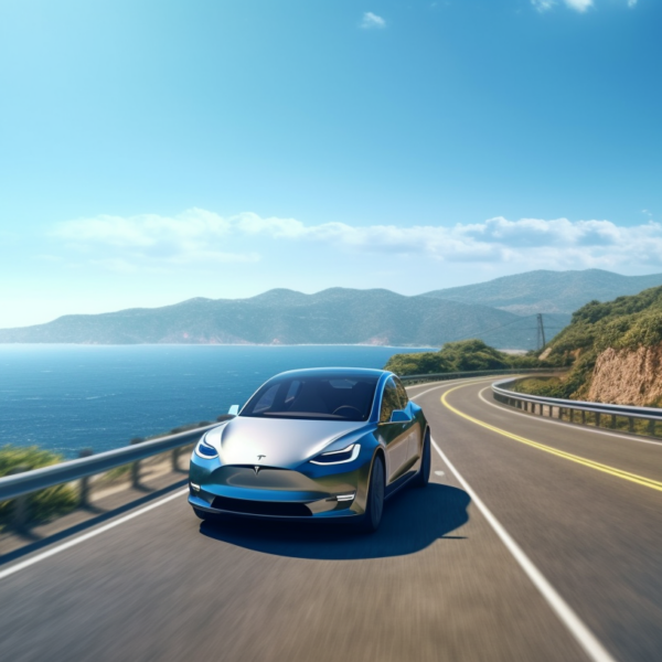 an electric car is driving fast down a windy road on a sunny day, photorealistic, stock photo, 70mm, sunlit, solar panels visible, the ocean is visible in the distance, --ar 16-9