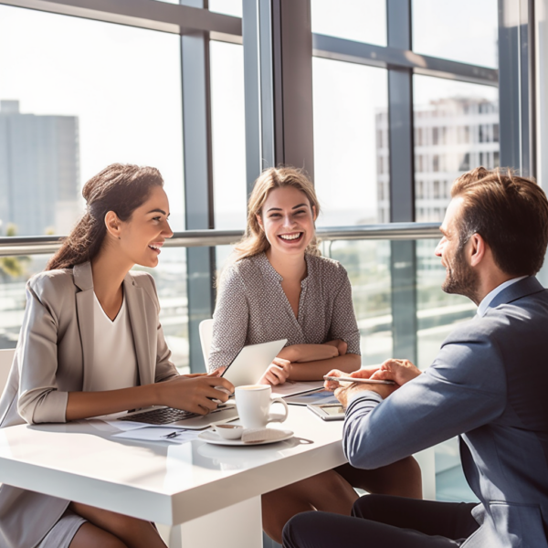 four people having a discussion at conference table in a corporate office, bright, sunny, happy, smiles, stock photography