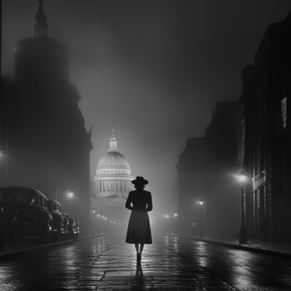 low light, high contrast, black and white, film noir style of 1940s, 16mm film, a woman in a cocktail dress walks on foggy london streets off to the side, the moon is peaking through the clouds