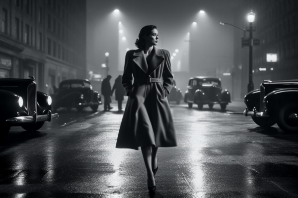 low light, high contrast, film noir style of 1940s, 16mm film, a woman in a cocktail dress walks on foggy london streets, --ar 16-9