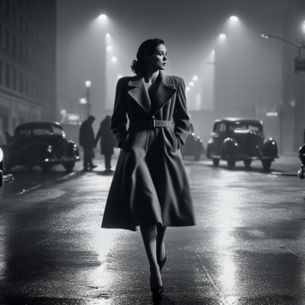 low light, high contrast, film noir style of 1940s, 16mm film, a woman in a cocktail dress walks on foggy london streets, --ar 16-9