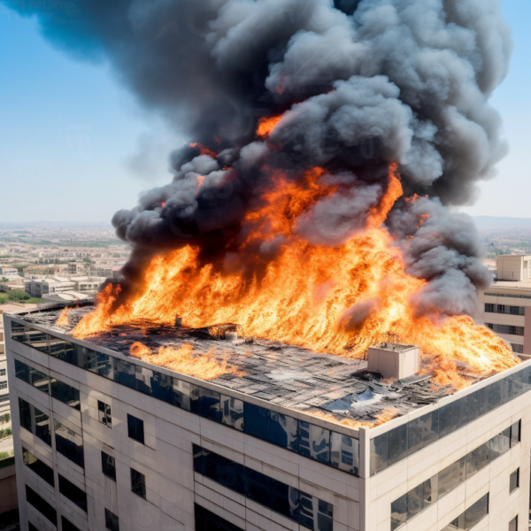 massive fire on solar solar installation on a corporate building rooftop, bright, sunny, stock photograph
