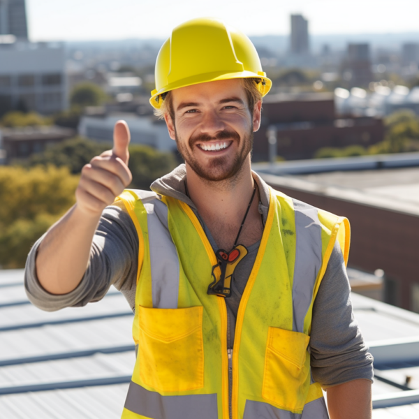 one solar worker shows another a tool on site on a corporate building rooftop, bright, sunny, happy, smiles, stock photograph, isolated, no background