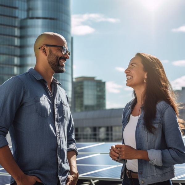 two people having a discussion at a solar installation on a corporate building rooftop, bright, sunny, happy, smiles, stock photography