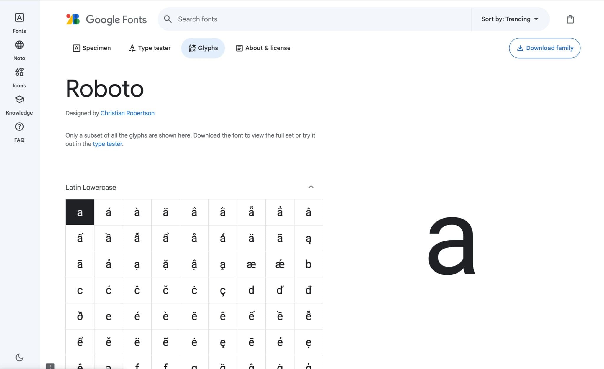 Google Fonts Glyphs