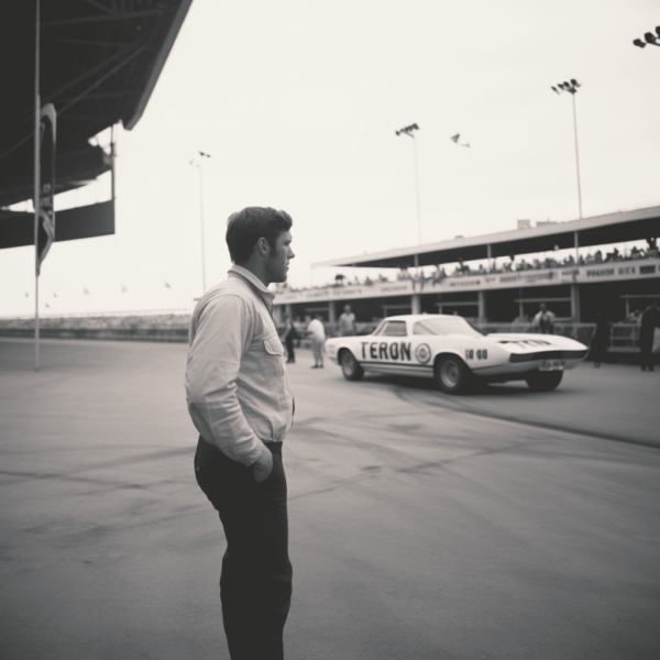 johnwolfecompton_a_man_leans_against_a_racecar_after_a_1960s_le_f20758eb-3365-476a-adf1-e41960e2d324