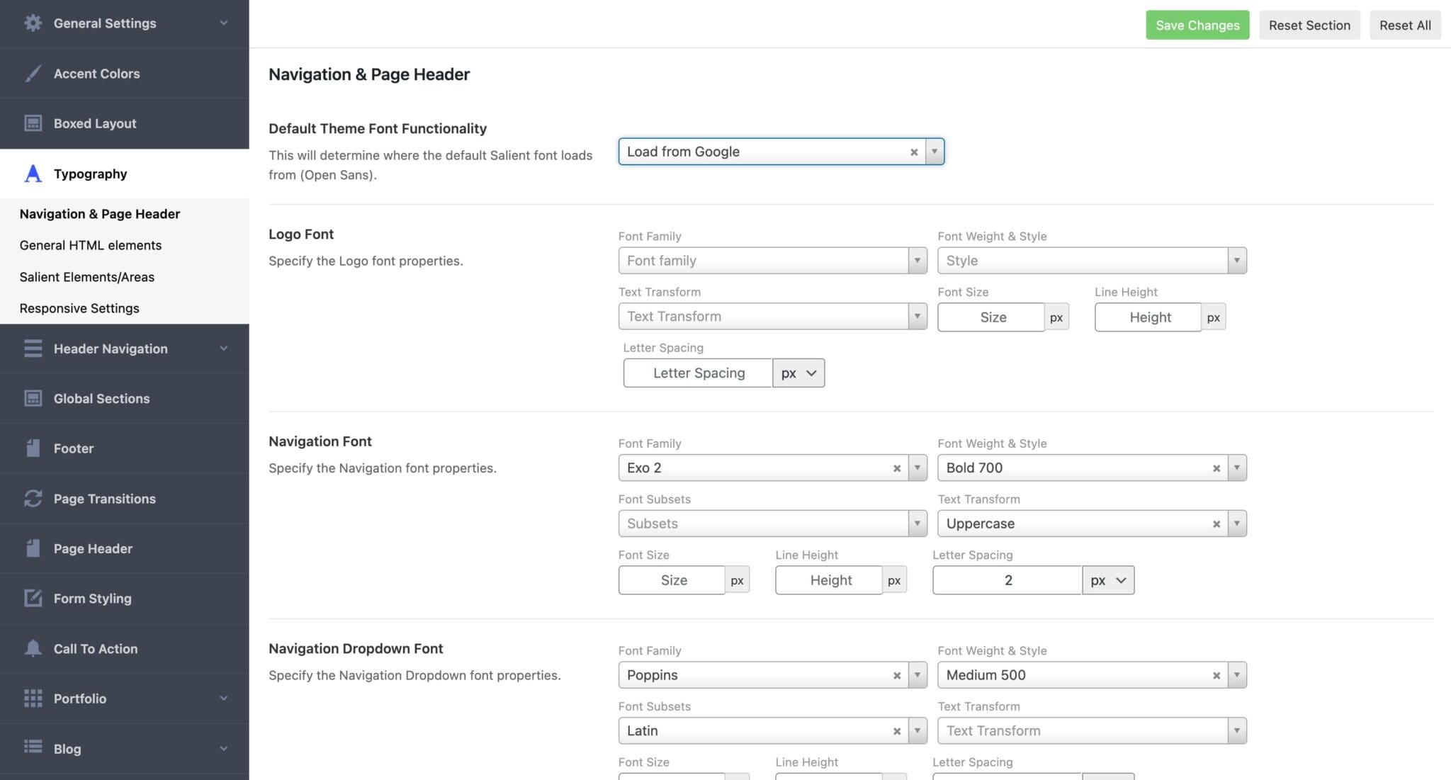 Salient WordPress Theme Typography Options